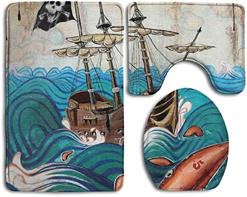 Awesome Octopus Pirate Skull Ship Slip-Resistant 3 Piece Bathroom Rug Set Extra Soft Flannel Non-slip Bath Rug 31" X 20" - Contour Mat 20" X 16" - Lid Cover 14" X 17"