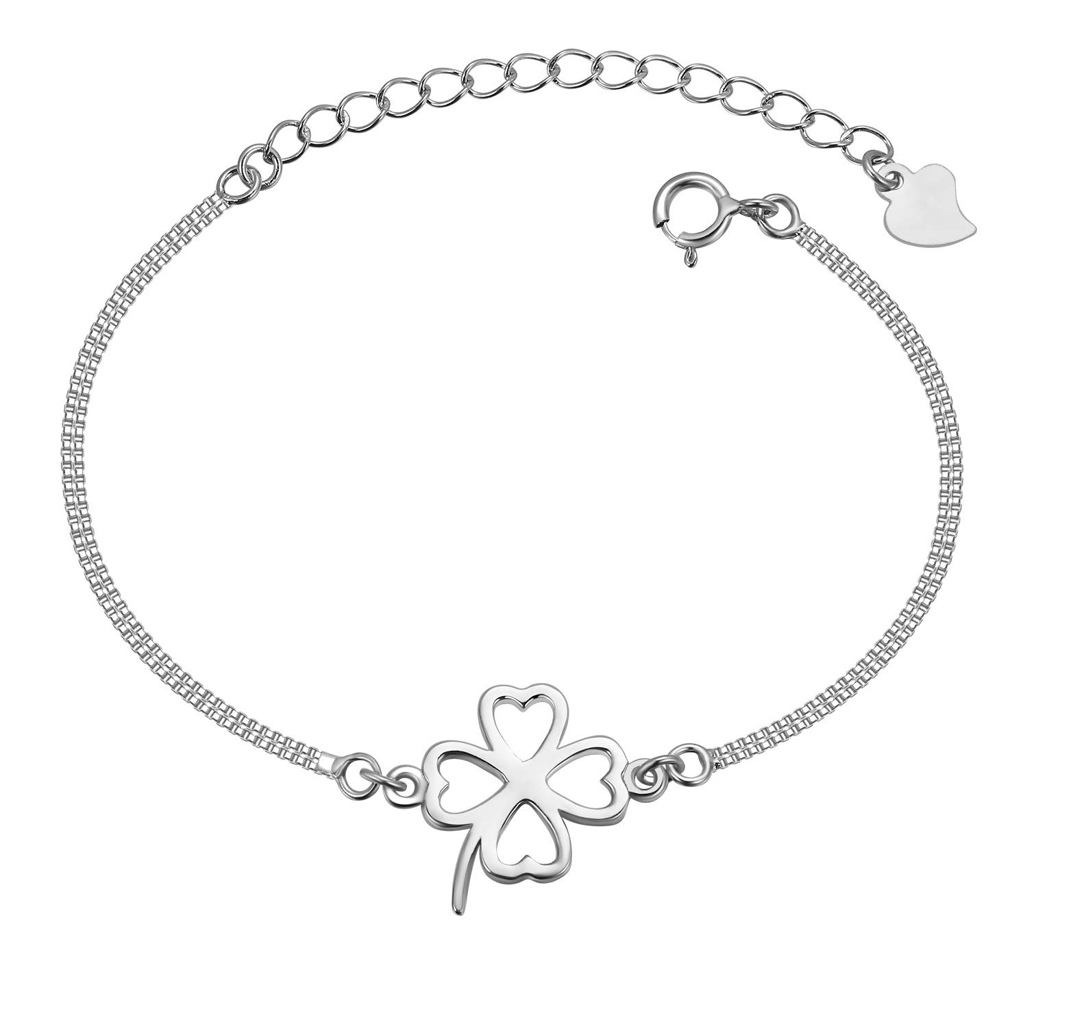 Women Girls Charm Bracelet 925 Sterling Silver Lucky Four-leaf Clover bangle, Adjustable Hand Link, Double Chains Extension, Silver