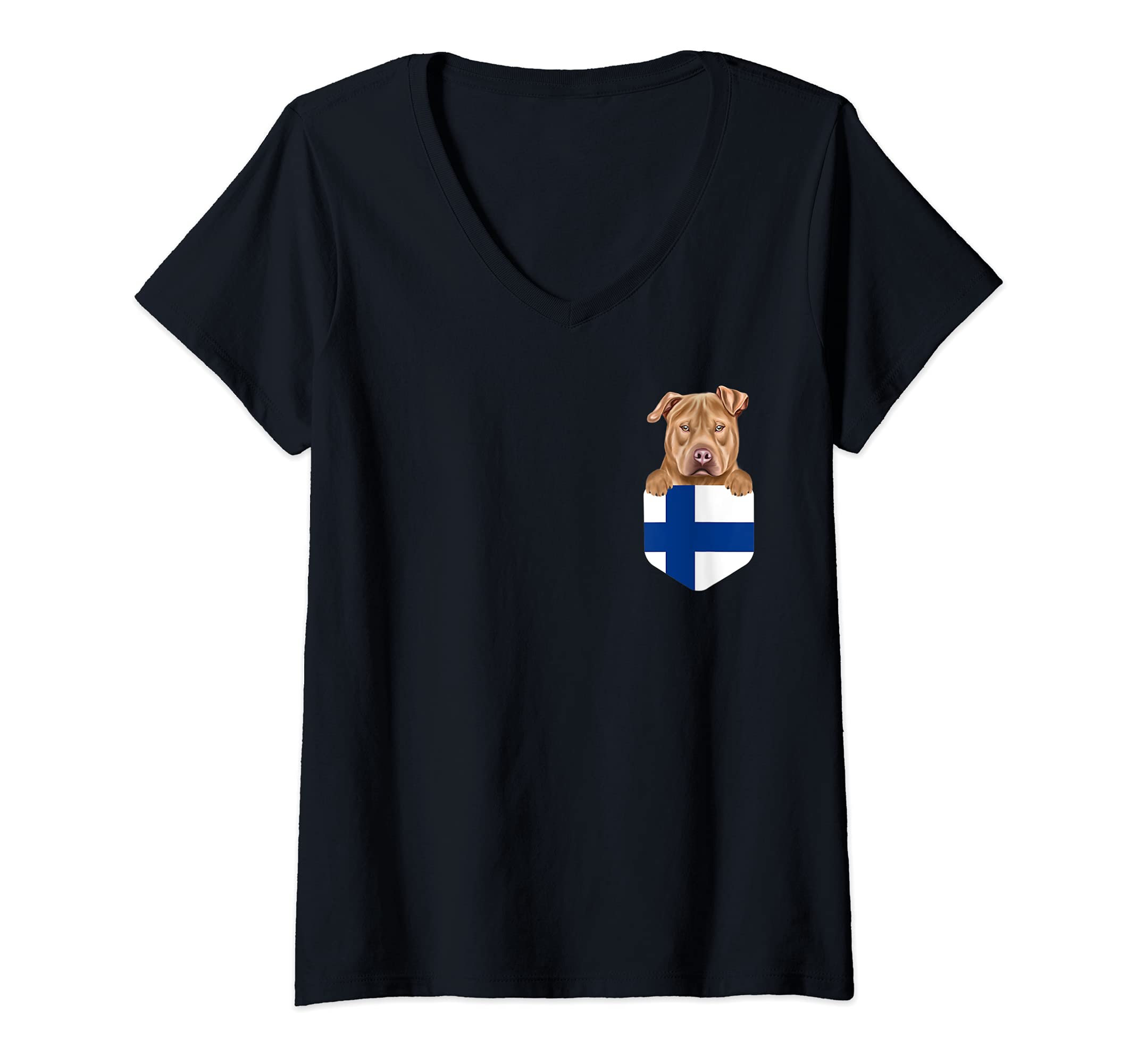 Womens Finland Flag Usa Staffordshire Terrier Dog In Pocket V-Neck T-Shirt