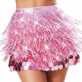 Latious Carnival Pink Sequin Skirt Fringe Sparkly Belly Dance Skirt Mermaid Costume Skirts for Women