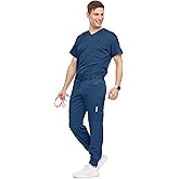 Medichic Men's Workwear Stretch V-Neck Scrub Joggers Set with Seven-Pocket Pants, Available in 6+ Colors