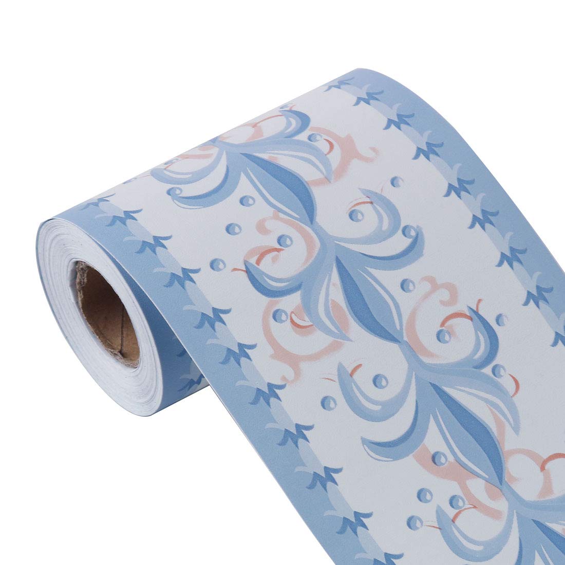 sourcing map Wall Paper Border Self Stick Wall Covering PVC Floor Borders for Kitchen Bathroom Bedroom Wall Decor Paper, Flower Pattern Blue+White, 3.94 Inch by 32.8 feet