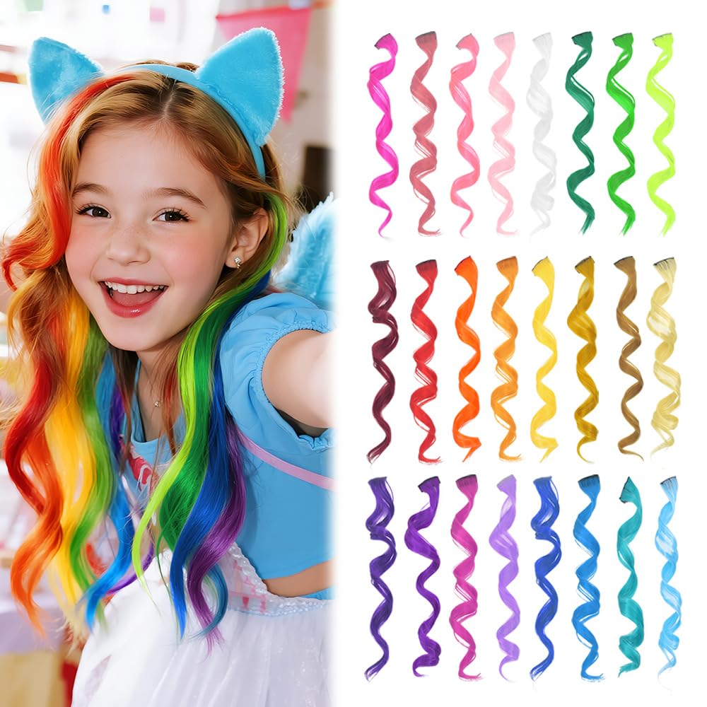 Dreamlover Coloured Hair Extensions for Kids, Rainbow Hair Extensions for Christmas, Cosplay, 24 PCS โ image 1