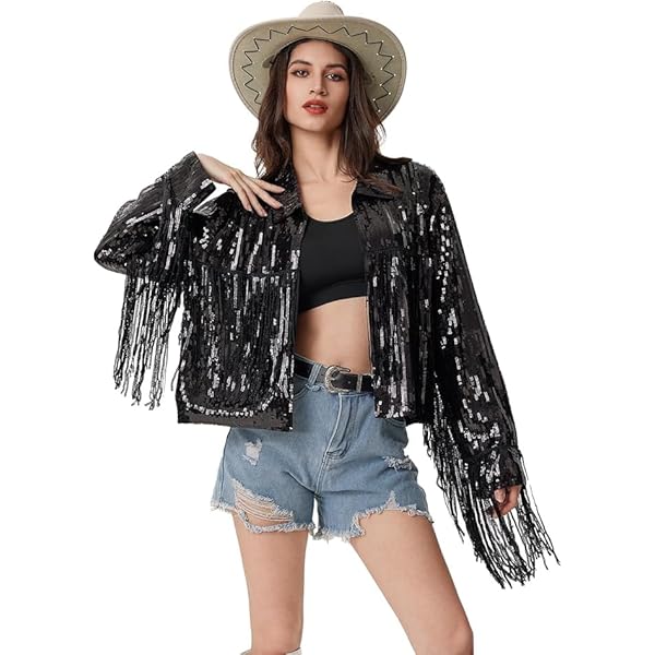 Amazon.com: MISI CHAO Sequin Fringe Jacket Black Shiny Disco