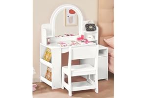 ZippyZebra Kids Vanity with Lights, Storage Cabinet & Shelves-Pink 2 in 1 Toddler Vanity Table & Chair Set with Lighted Mirror for Little Girls rincess Makeup Vanity Desk with Open Bookshelf,White
