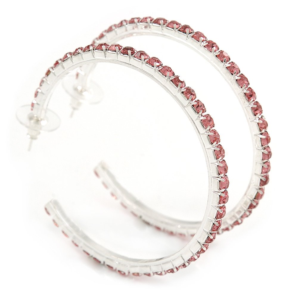 60mm D/Pink Crystal Hoop Earrings/Rhodium Plating