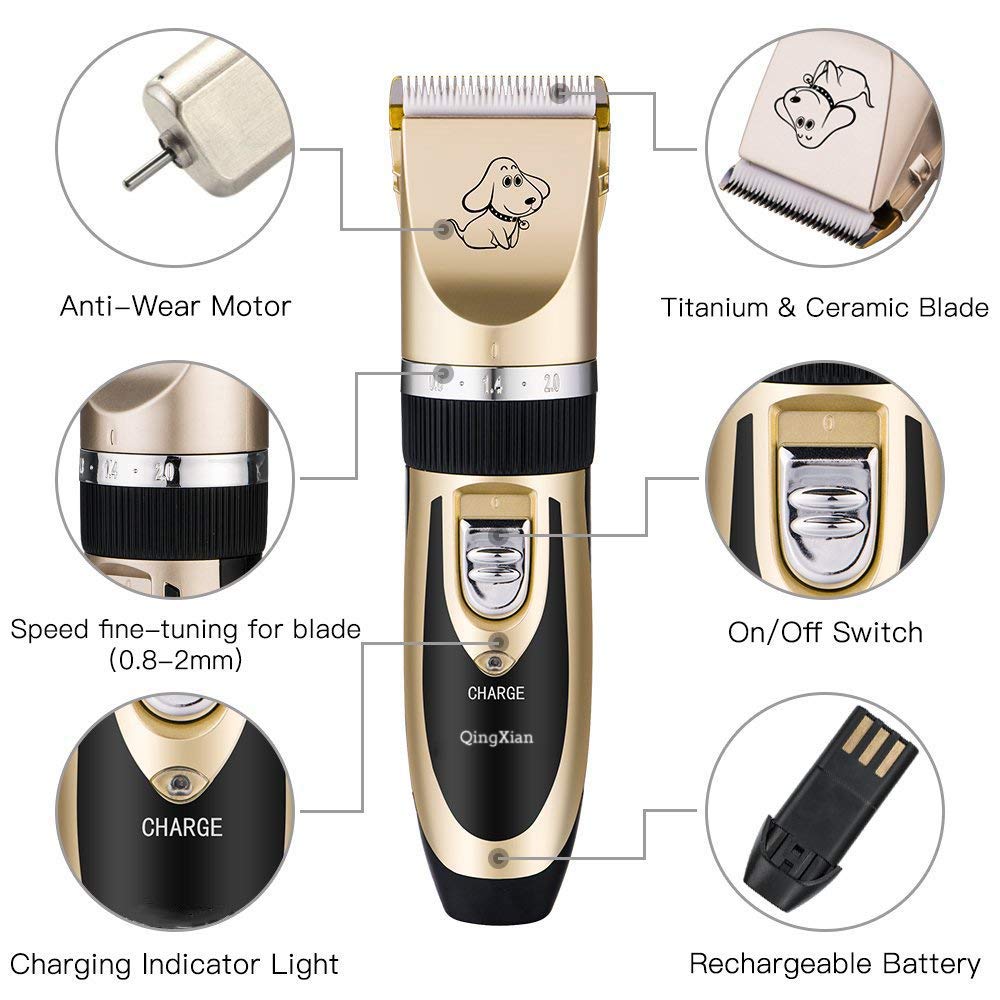 Qingxian Dog Clippers Pet Grooming Clipper Kits Low Noise Rechargeable Cordless Quiet Cat Dog Groomer Tool Professional Hair Trimmer Razor Blades with Combs, Scissor