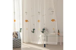 KMSG Cartoon Dinosaur Sheer Kids Curtains Embroidery Voile Drapes Nursery Curtains for Children Boys Baby Bedroom Living Room Light Filtering Window Tratement Grommet Top 1 Panel W52 x L84 Inch
