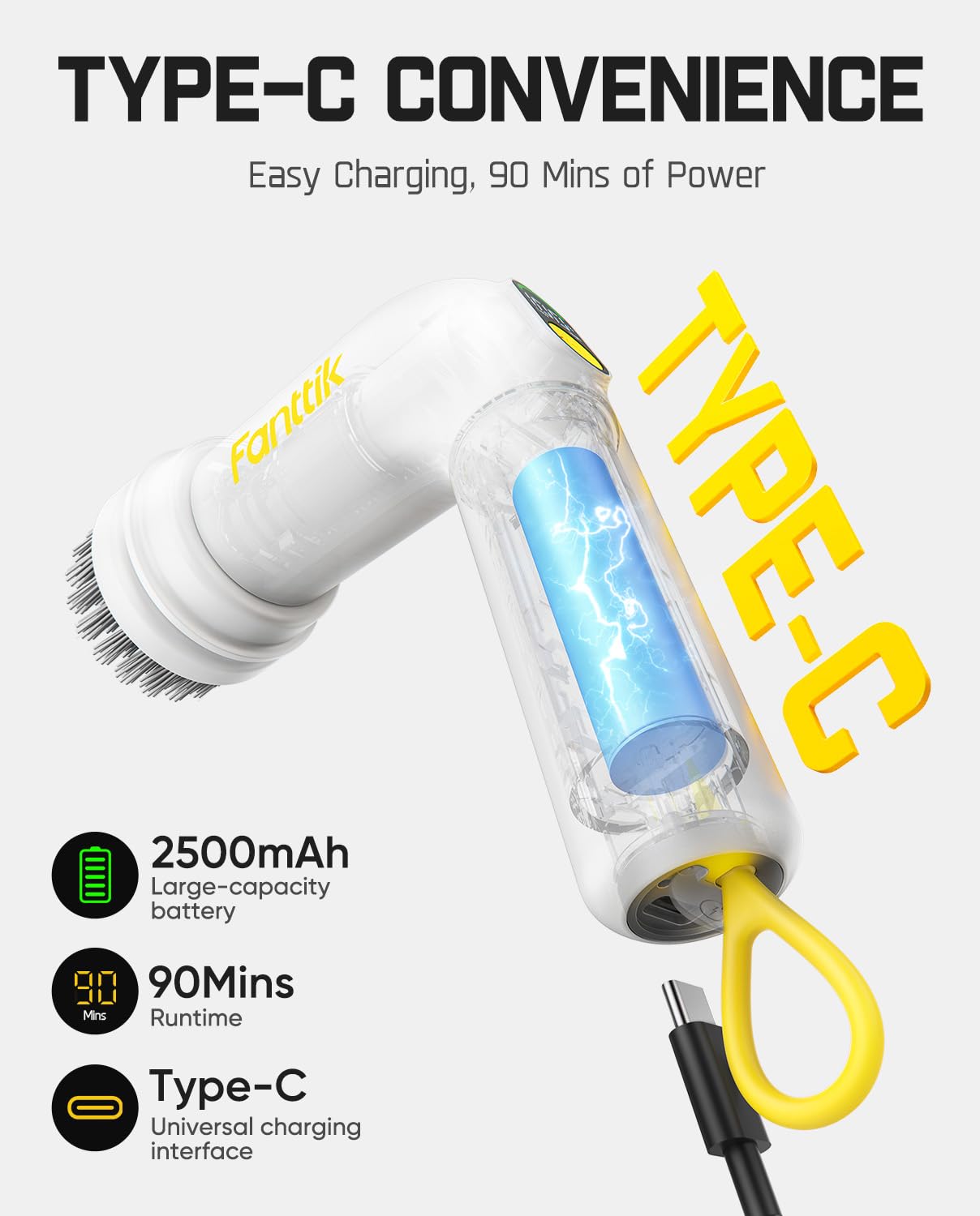 Fanttik G9 Handy Cordless Electric Spin Scrubber, MagnaStorm Motor, Dual-Speed, 5 Brush Heads, LED Display, IPX7 Waterproof, 2500mAh with Type-C Charging, for Kitchen, Sink, Tile, Stove- White