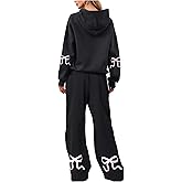 Livtany Women's 2 Piece Outfits Bow Trim Print Hoodie Sweatsuit Sets Oversized Sweatshirt Wide Leg Sweatpants With Pockets