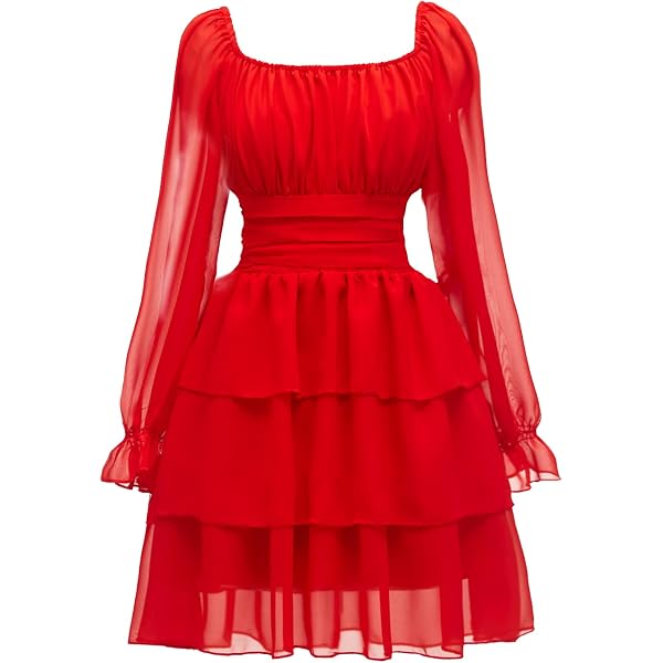 Womens Red Ruffle Dresses Summer Holiday Beach Elegant Dress Long Sleeve  V-Neck Robe red S at Amazon Women's Clothing store