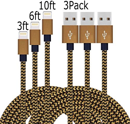 Brtpernt 3pcs(3+6+10)FT Lightning Cable Popular Nylon Braided Charing Cable Extra Long USB Cord for iphone 7/7Plus/6s, SE, 6s plus, 6plus, 6,5s 5c 5,iPad Mini, Air,iPad5,iPod on iOS9.(Coffee+black).