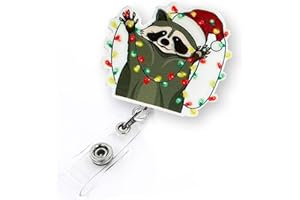 LEBEIGHT Christmas Raccoon Badge Reel Retractable for Nurse Doctor Medical Worker & Nursing | Funny Animal Pediatric Holiday Badge Holder with Alligator Clip & 24” Durable Nylon Retractable Cord | Acrylic