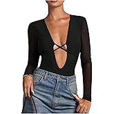 SOLY HUX Women's Deep V Neck Long Sleeve Bodysuits One Piece Leotard Party Tee Tops