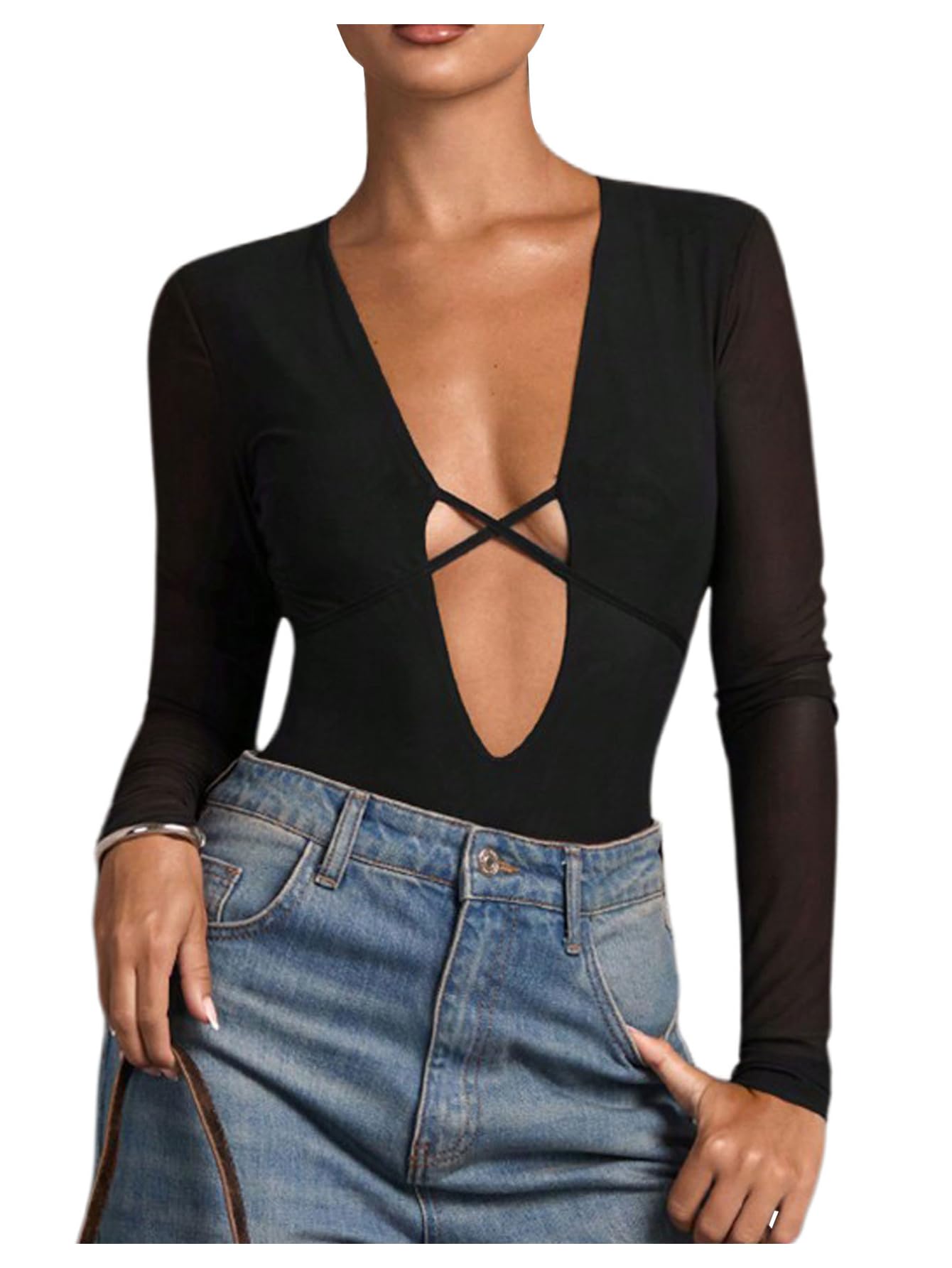 Photo 1 of l--SOLY HUX Women's Deep V Neck Long Sleeve Bodysuits One Piece Leotard Party Tee Tops Pure Black Large