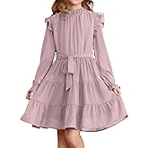 blibean Girls Long Sleeve Fall Dresses Tween Casual Ruffled Swing Formal Dressses Belt Size 4-15 Years