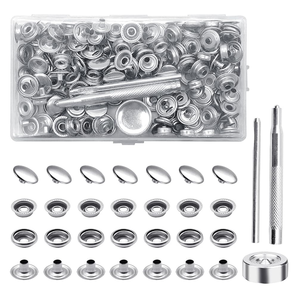 Aoyswuz 200 Pcs 15 mm Snap Button with Installation Tools Stainless Steel Snap Fastener Kit Silver Press Studs for Clothes Leather DIY Craft
