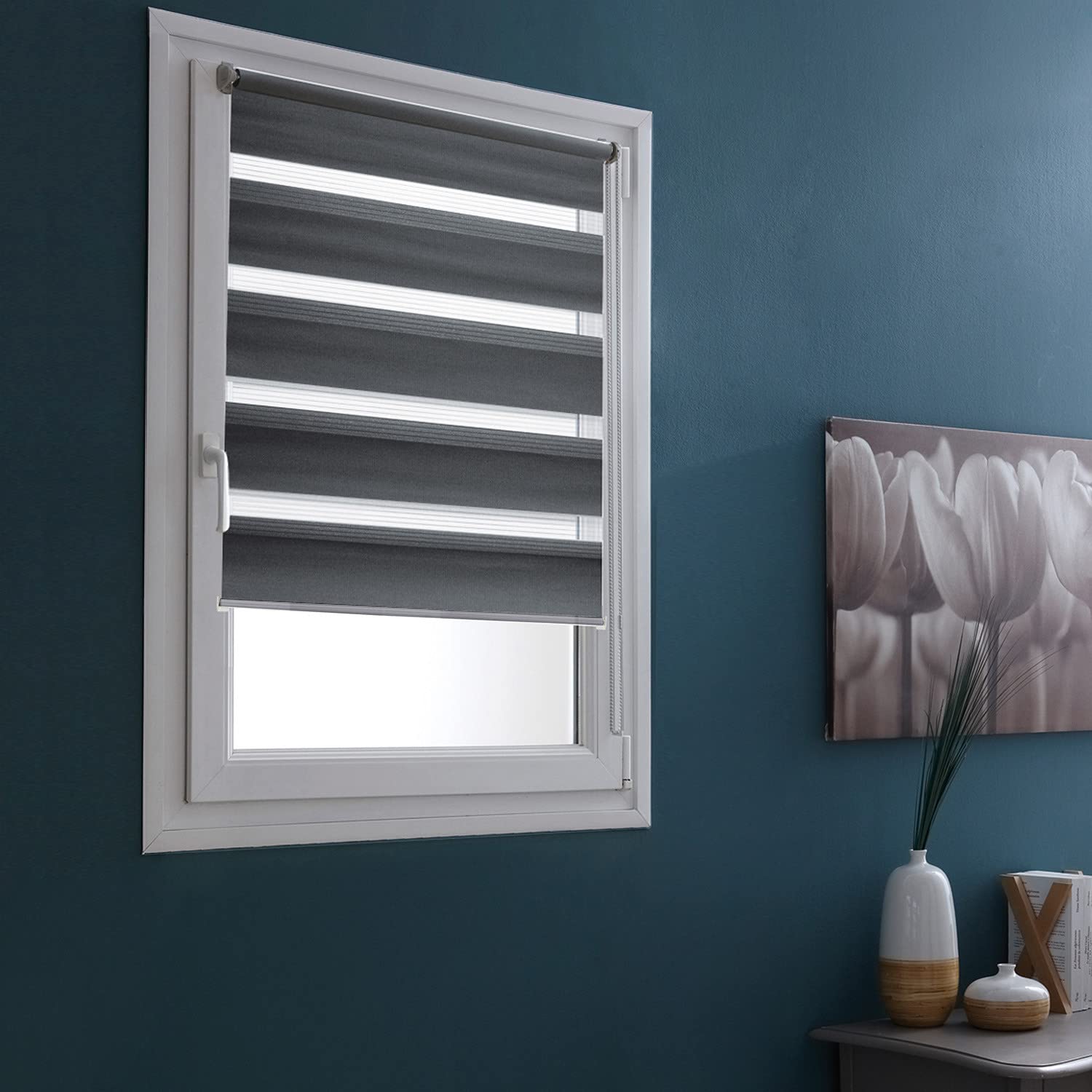 MADECOSTORE Day and Night Double Roller Blind, Anthracite, L 123 x H 250 cm, Attachment with or without Drilling, Matching Chain