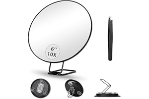 JJHXR 10X Magnifying Mirror, 6 Inch Makeup Mirror with Magnification, 10X Magnified Mirror with 3 Suction Cups and 360° Adjustable Stand for Handheld, Table, Wall-Mounted, Magnifying Mirror and Tweezers Set