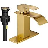 FRANSITON Brushed Gold Waterfall Bathroom Faucet Lavatory Single Handle 1 or 3 Hole Bathroom Sink Faucet with Deck and Pop-up Drain (Brushed Gold, Short)
