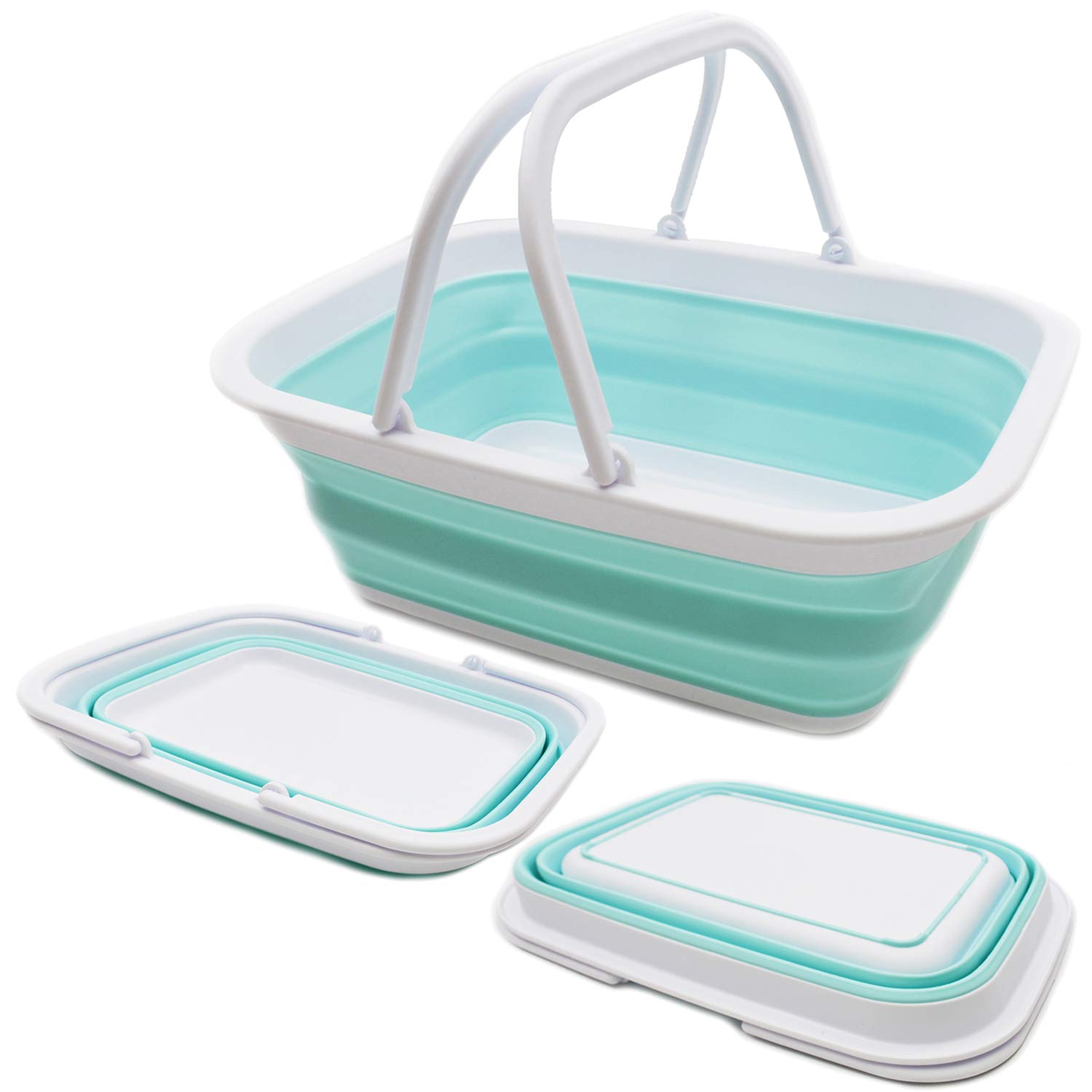 SAMMART 9.2L Collapsible Tub with Handle - Portable Outdoor Picnic Basket/Crater - Foldable Shopping Bag - Space Saving Storage Container (White/Lake Green, 1)