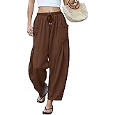 LOMON Womens Linen Wide Leg Pants Casual Loose Drawstring Summer Loose Beach Travel Vacation Palazzo Harem Pants