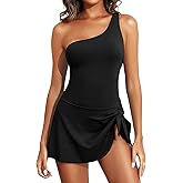 Tempt Me Women One Piece Swim Dress One Shoulder Swimsuit with Skirt Tummy Control Swimdress Bathing Suit