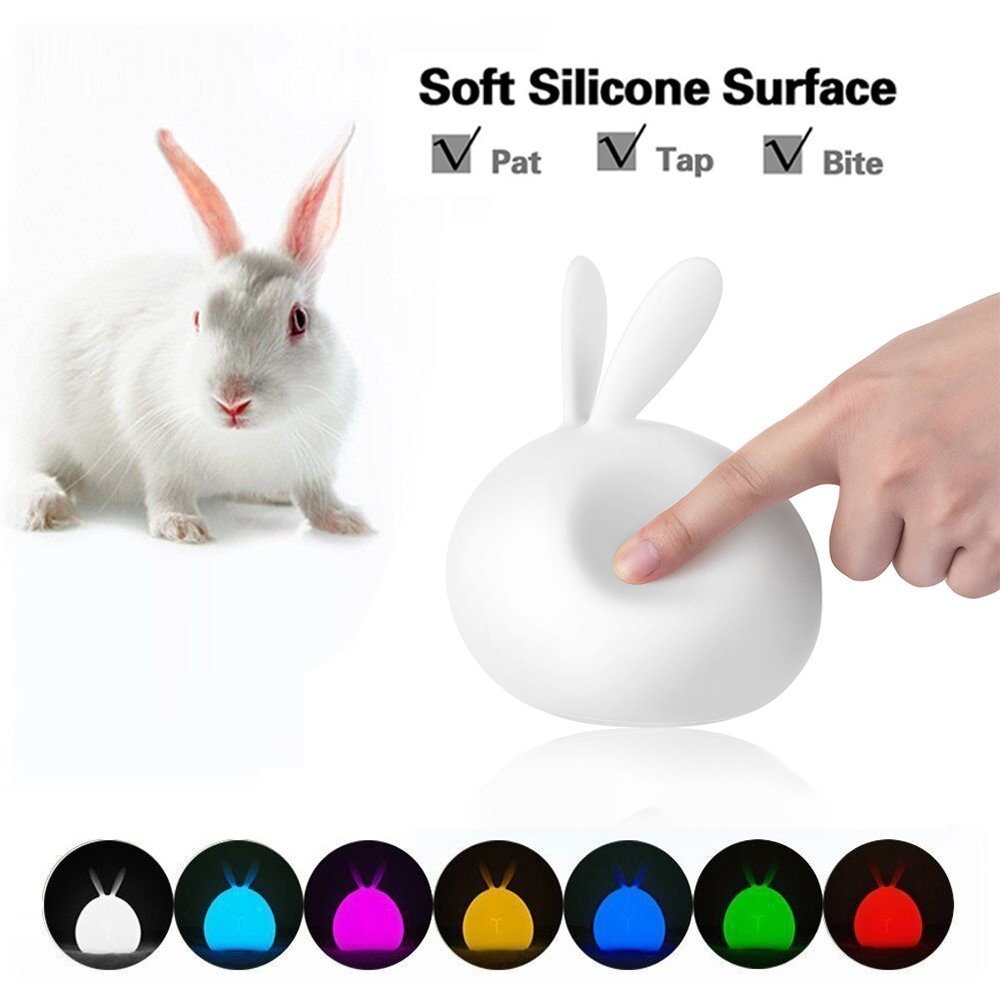 Eschone Cute Baby Kids Children Night Light Soft Silicone Warm Silicone LED Night Lights Tap Control Lamp Rechargeable Bunny Sensor Touch Light Rabbit Gift Toy Night Light(7-color + 4-Brightness)