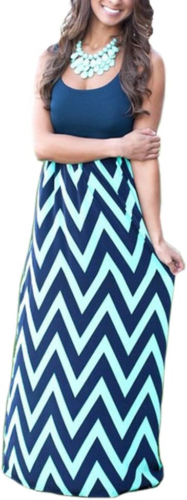 Womens Empire Waist Maxi Dresses Chevron Summer Boho Floral Casual Tank Dress