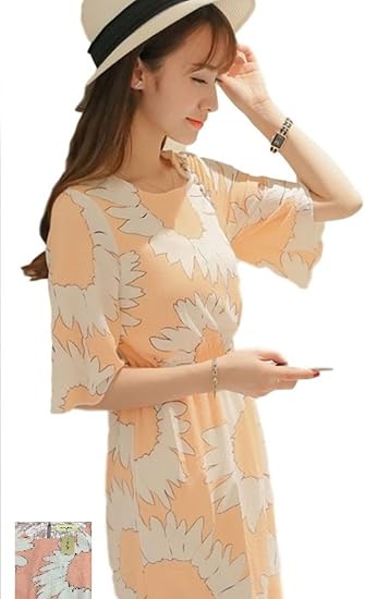 Amazon Co Jp らいぞう 16 花柄 ワンピース 五分袖 ゆったり 軽量 フラワープリント 春 夏 イラスト ワンピ シフォン ブラック ひまわり S M L Xl Xxl ファッション