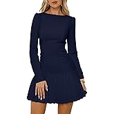 Aprilake Women's Long Sleeve Mini Dress Sexy Boat Neck Pleated A-line Party Dresses