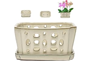 W&W Orchid Pot with Holes and Saucer for Repotting, Cream White, 9.7 Inches