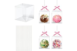 MGWOTH 50 Set Cake Pop Boxes with Paper Sticks Kit: Clear Gift Container with Holes for Candy, Macaron, Lollipop Packaging, Mini Plastic Cakepop Wrapping for Wedding Party Birthday Christmas