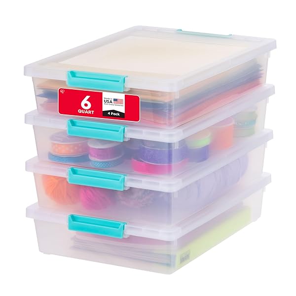 IRIS USA 6 QT. CRAFT STORAGE BINS WITH LIDS, 4-PACK, |MADE IN USA|, CLIP BOX, SMALL PLASTIC SENSORY BIN TOTE ORGANIZER CONTAINERS FOR ART SUPPLIES, PAPER, & OFFICE, STACKABLE – CLEAR/SEAFOAM BLUE