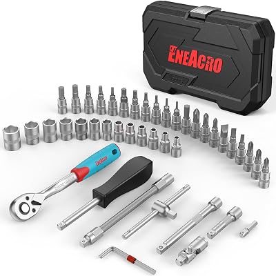 Set Chiavi a Bussola 46 Pezzi con 1/4", Bussole, Estensioni, Bits, Acciaio Cromo-Vanadio, Custodia Inclusa - Set Chiavi a Cricchetto Completo