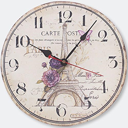 Yesee Wall Clock Non Ticking, Vintage Silent Wood Wall Clock Battery Operated Large Decorative for Kids Room Kitchen Bedroom.[No Cover] (12 inch, Paris Tower)