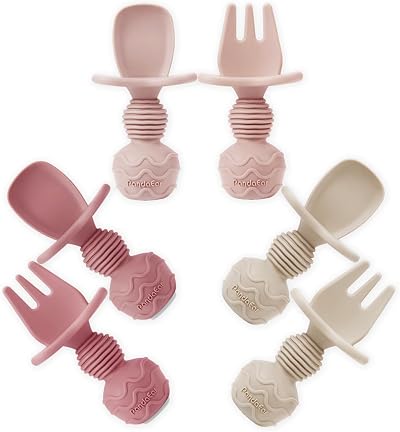 PandaEar 6 Pack Silicone Baby Spoons and Fork Feeding Set Pink
