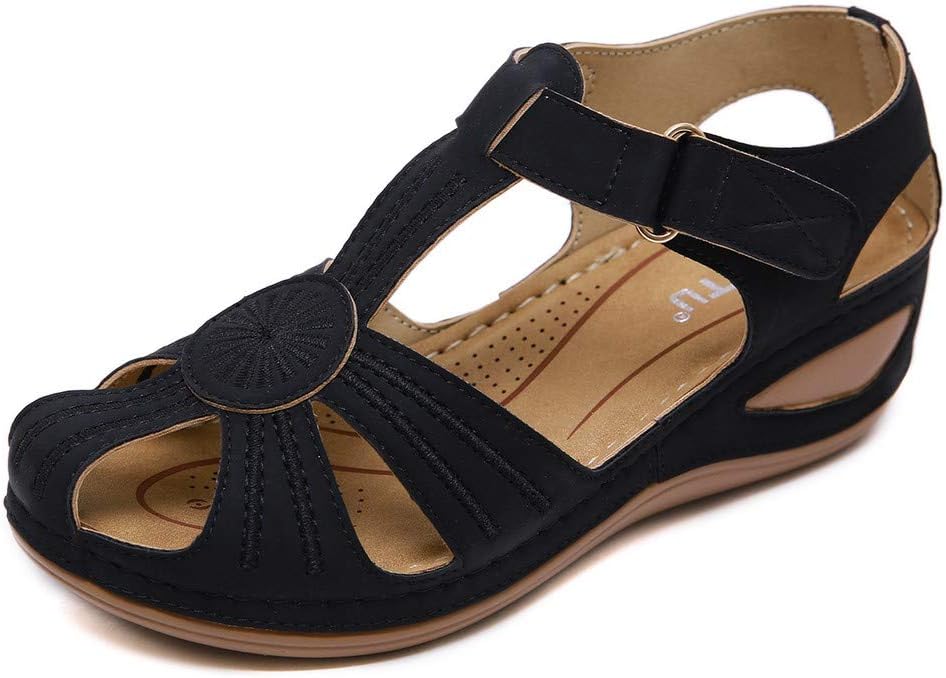 SMILANE Women's Platform Sandals Wedge Ankle Strap Studded Sandals Peep Toe Beach Travel Flat Shoes