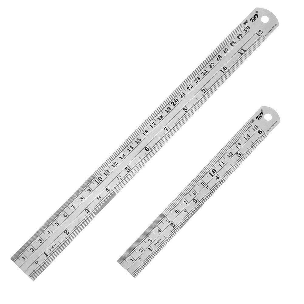 Heavy Duty Stainless Steel Ruler Set 12 Inch (30 CM) + 6 Inch (15 CM) Metal Rulers Kit - Perfect Straight Edge For Easy Measurements
