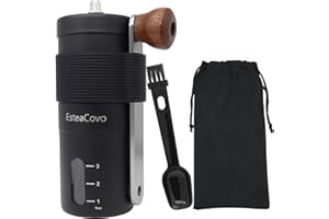ESTEACOVO Manual Coffee Grinder for Home Use, Ceramic Burr Hand Crank Automatic Coarseness Stainless Steel Espresso Bean Mill for Travel Camping with Portable Storage Pouch, Easy to Clean Brush Spoon