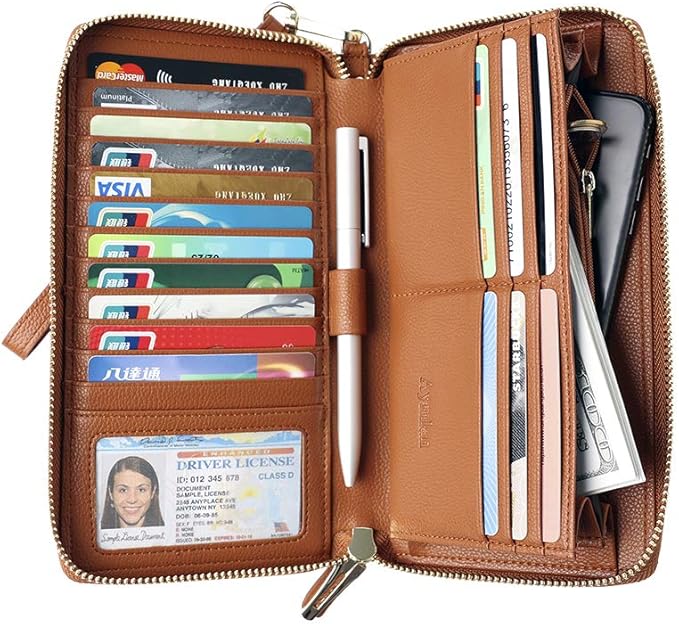 Womens RFID Blocking Wallet Real Leather Zip Around Clutch