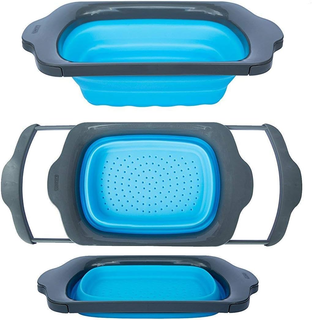 JmeGe Collapsible Colander Over The Sink Vegtable/Fruit Colander Strainer with Extendable Handles Folding Strainer for Kitchen (Blue &Gray)