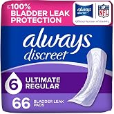 Always Discreet Adult Incontinence Pads for Women, Drier, 6 Drop Regular Length, Extra Heavy Absorbency, Pads for Bladder Control Management, Bladder Leaks, &amp; Postpartum Pads, 66ct