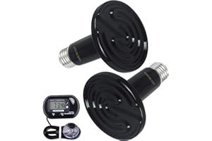 OMAYKEY 2-Pack 150W Ceramic Heat Lamp with 1-pcs Digital-Thermometer, Infrared Heat Emitter Bulbs for Reptiles, Amphibians, Chicken Brooder Coop Lizard Turtle Snake Aquarium, No Light No Harm
