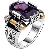 Genuine Solid 925 Sterling Silver Ring for Men, Accented with Bronze, Faceted Simulated Red Ruby Stone, Vintage Turkish Ottoman Style