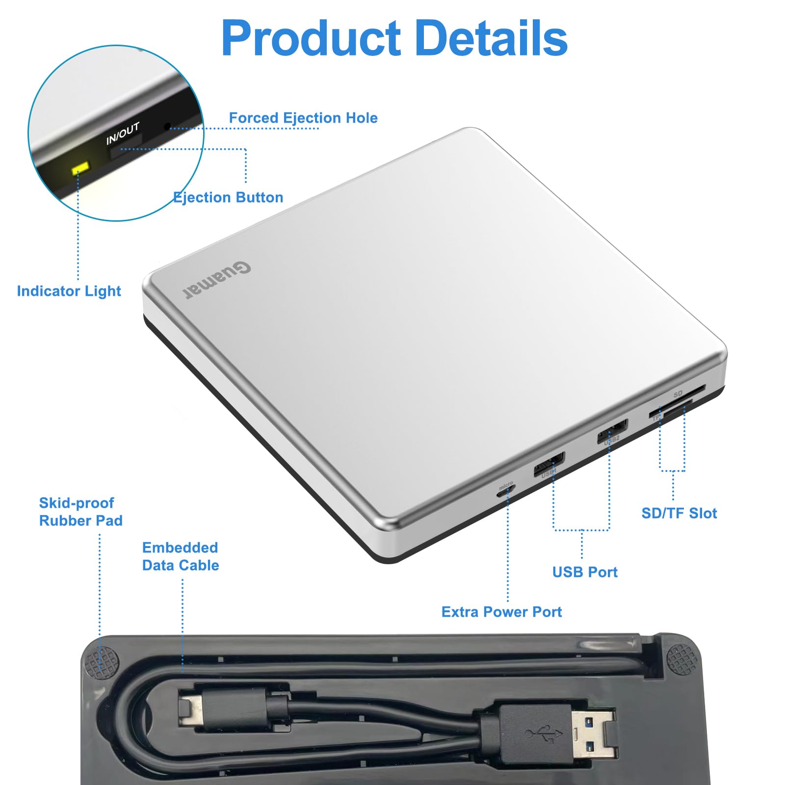 Guamar External CD Drive for Mac: Portable Slim DVD Burner for Laptop PC Windows with SD/TF Slot 2 USB Ports - Plug & Play USB-C Superdrive for MacBook High-Speed Read Write (Silver)
