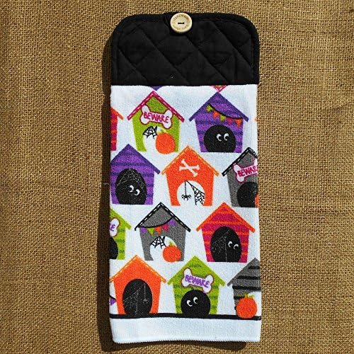 Dog House Hanging Microfiber Dish Towel With Black Pot Holder Top, Halloween Kitchen Decor
