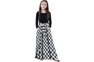 KYMIDY Girl Maxi Dress Kids Casual Buffalo Check Plaid Long Sleeve Dresses with Pockets(6-14yrs)