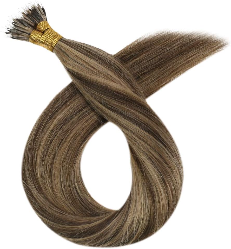 YoungSee Nano Beads Hair Extensions Brown 16inch Nano Tip Hair Extensions Real Human Hair Dark Brown Highlights Caramel Blonde Pre Bonded Nanolink Extensions for Wedding Cold Fusion 50s 50g - Image 4