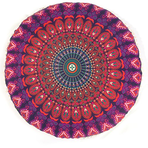 Mandala Life ART Bohemian Yoga Decor Floor Cushion Cover - 30 inches - Round Floor Pillow Pouf Cover - Hand Printed Organic Cotton by Colorful Pink
